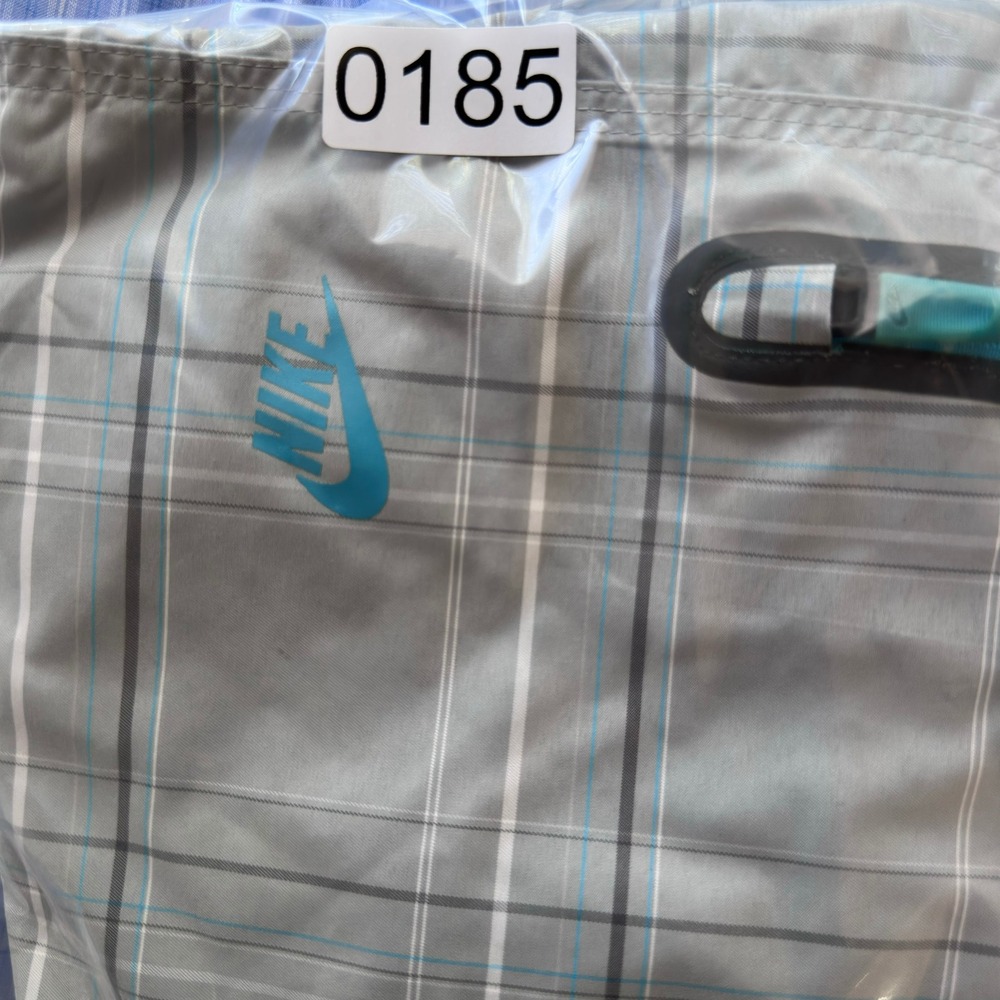 Nike Board Shorts Men‎ 36 Grey Plaid Swim Trunks Zipper Pocket Blue Swoosh Logo